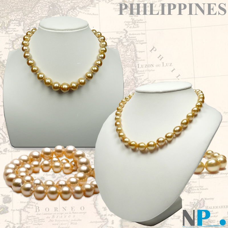 Collier de perles dorees des philippines - perles reflets cuivres - perles spheriques ou perles baroques